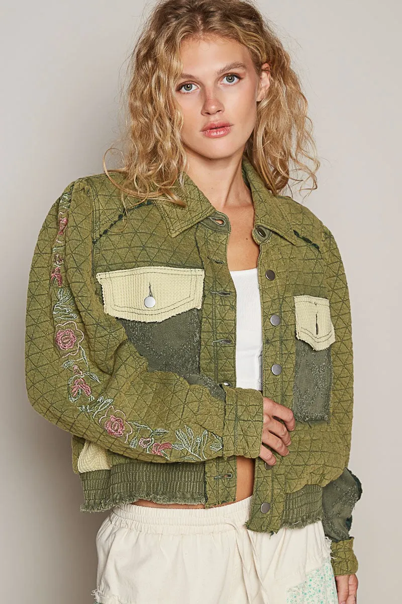 Blue Zone Planet |  POL Embroidered Sleeve Raw Edge Quilted Jacket