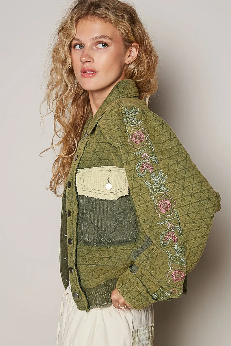 Blue Zone Planet |  POL Embroidered Sleeve Raw Edge Quilted Jacket