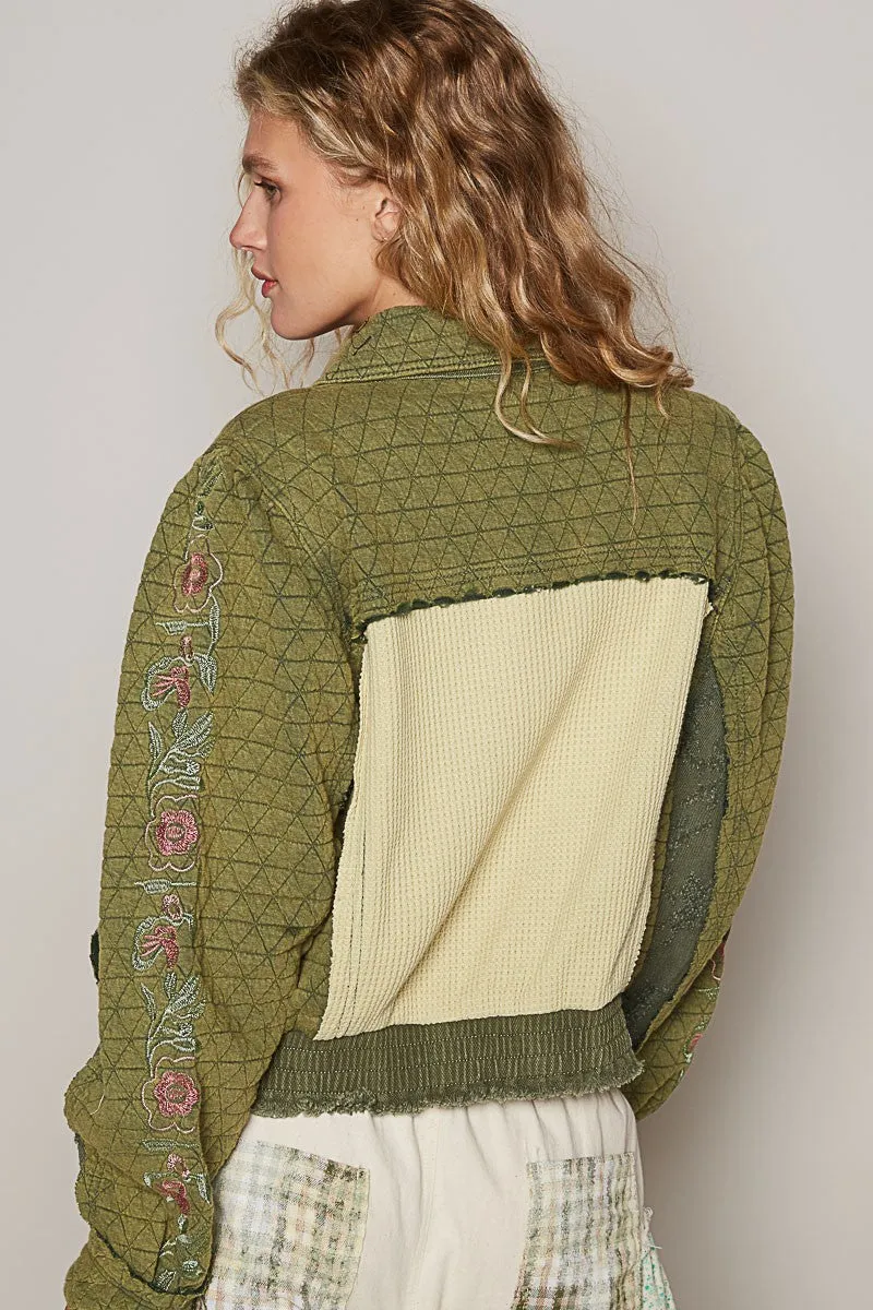 Blue Zone Planet |  POL Embroidered Sleeve Raw Edge Quilted Jacket