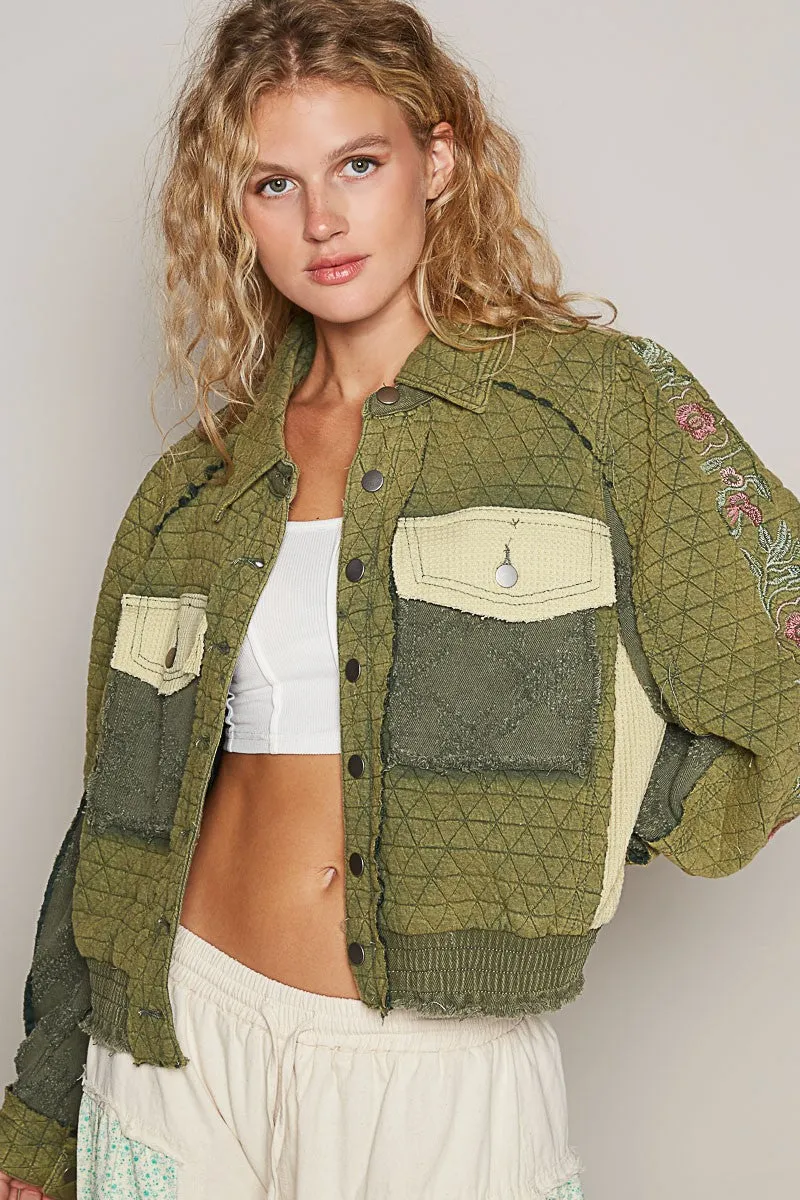 Blue Zone Planet |  POL Embroidered Sleeve Raw Edge Quilted Jacket