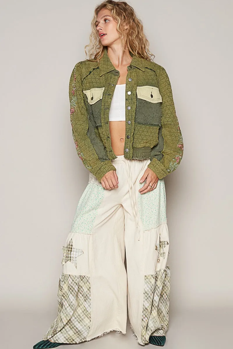 Blue Zone Planet |  POL Embroidered Sleeve Raw Edge Quilted Jacket