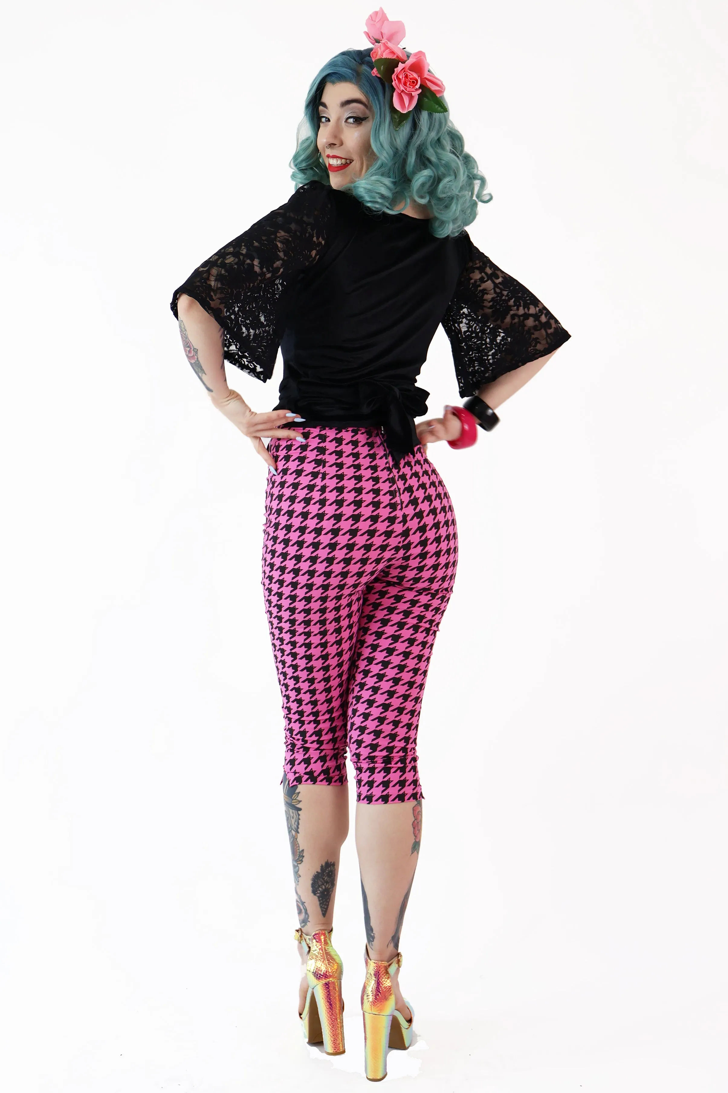 Pink Houndstooth Capri Pants
