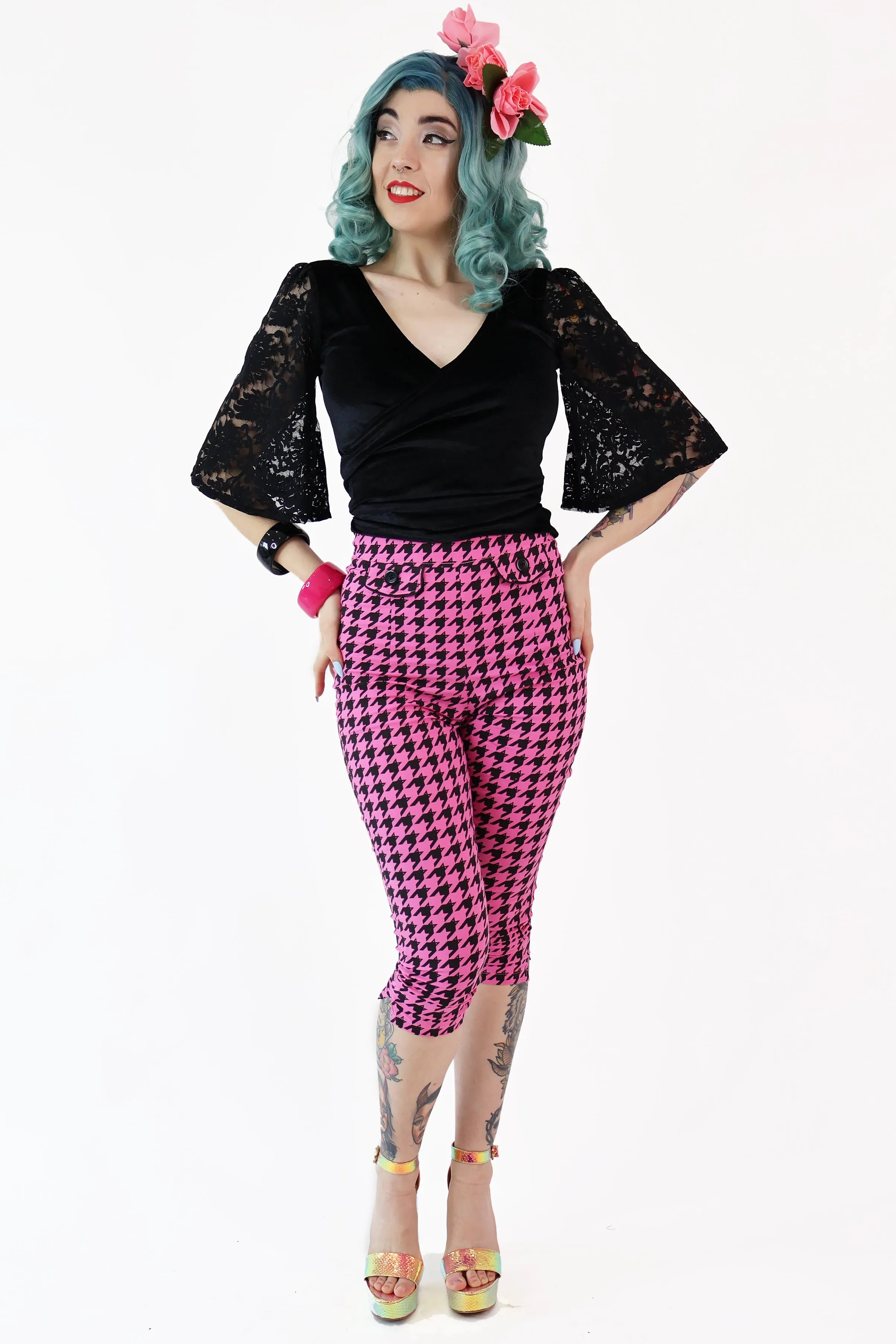 Pink Houndstooth Capri Pants