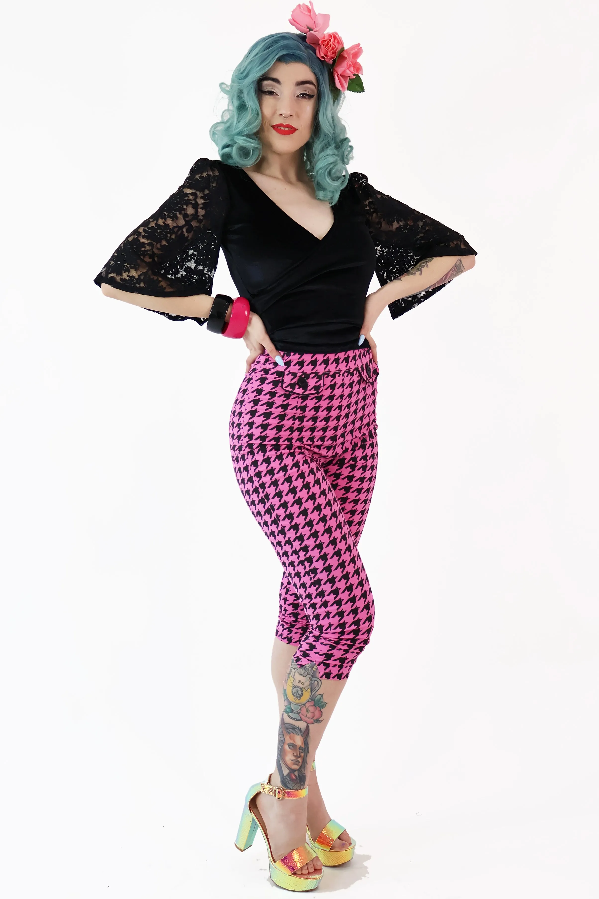 Pink Houndstooth Capri Pants