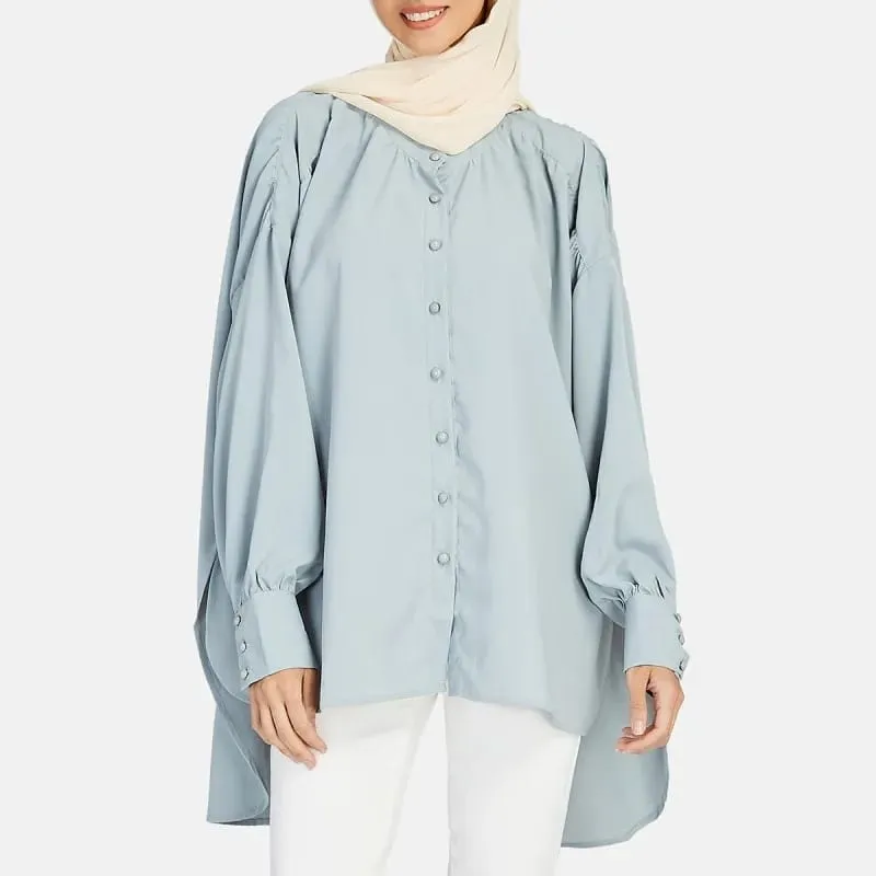 Stand Collar Long Sleeves Single Breasted Open Stitch Pleated Shirts Spring Muslin Women Tops Tees S4334884
